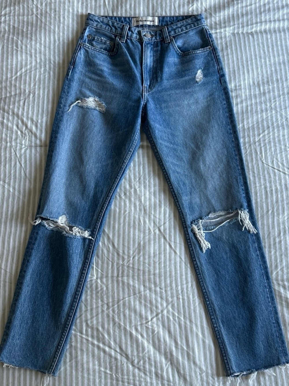 Reformation Distressed High-Rise Cigarette Jeans in Medium Wash